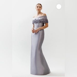 Catherine Regehr OFF SHOULDER GOWN W/ APPLEBLOSSOM & GEM COLLAR in Platinum
